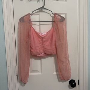 Pink mesh off the shoulder crop top